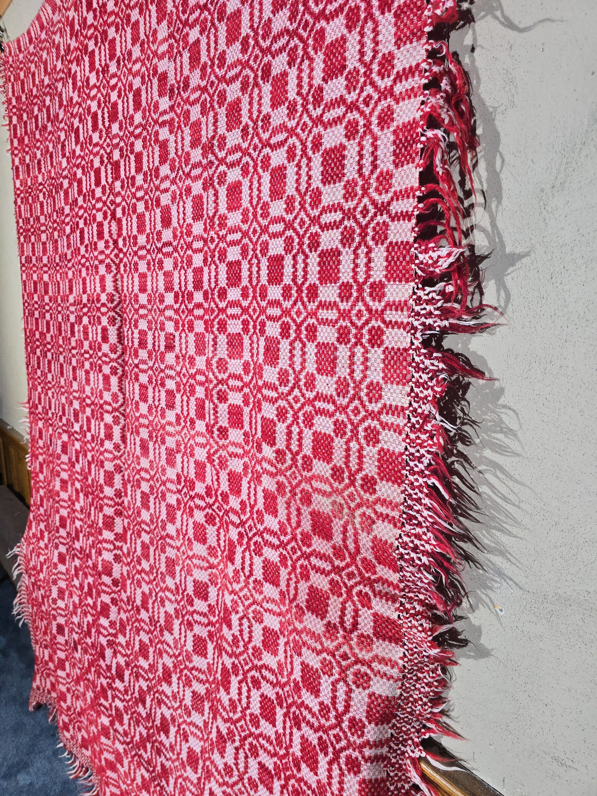 Vintage Red and White Woven Wool Coverlet with Fringe
