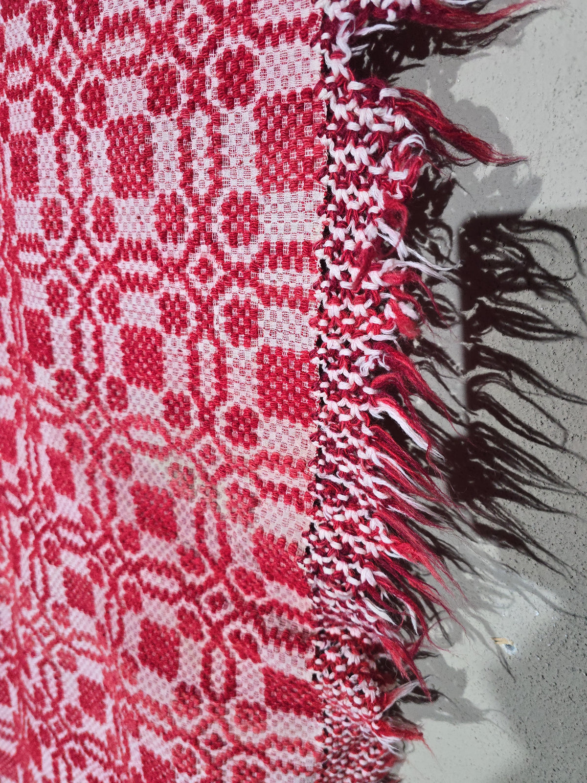 Vintage Red and White Woven Wool Coverlet with Fringe