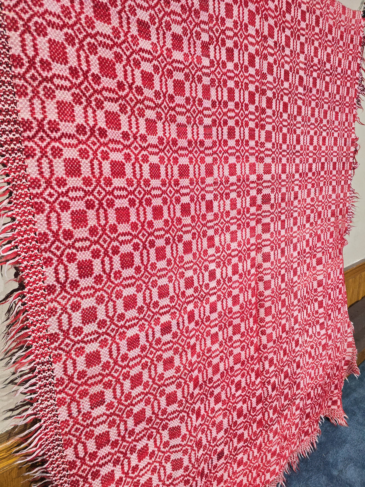 Vintage Red and White Woven Wool Coverlet with Fringe