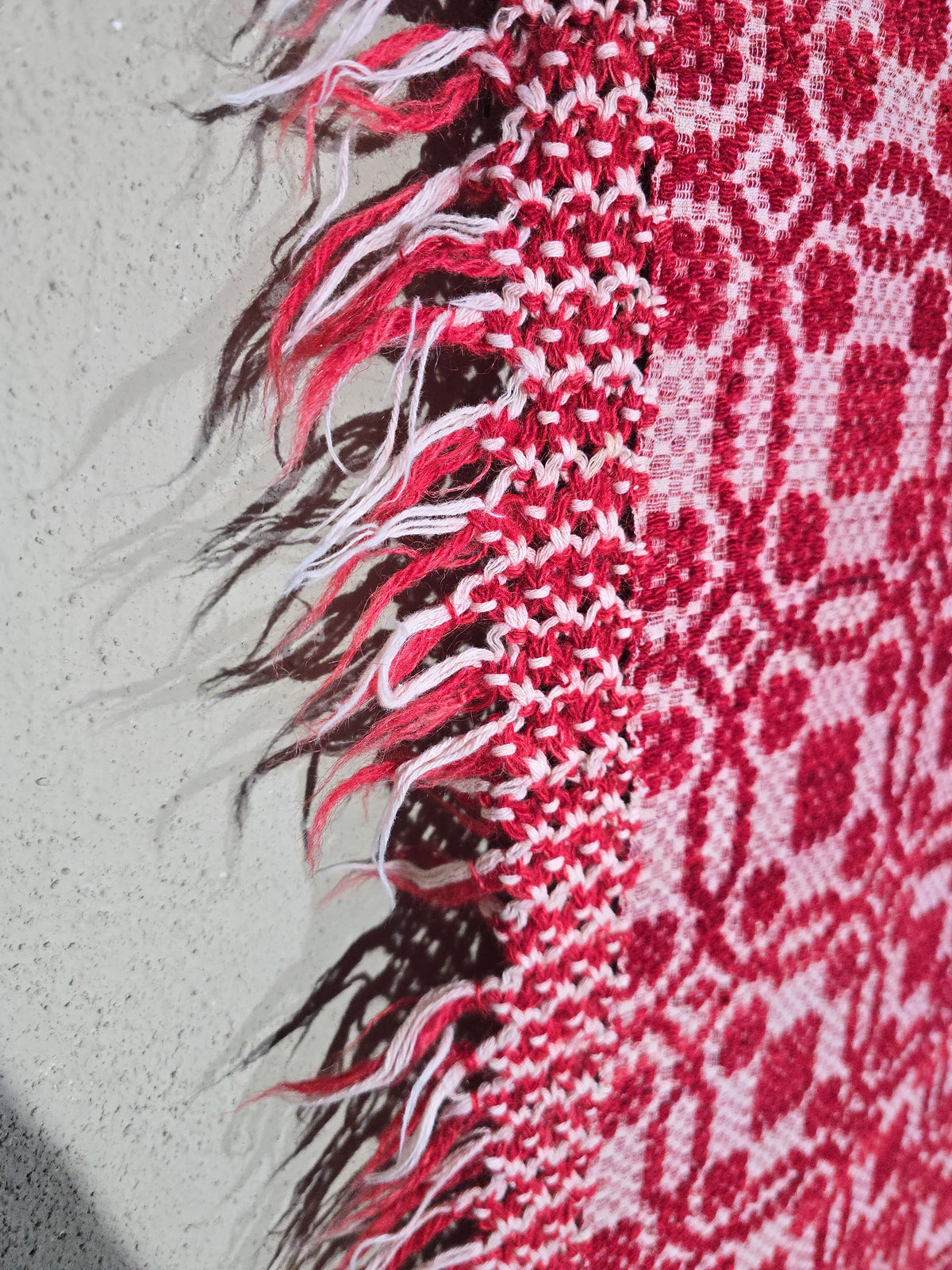 Vintage Red and White Woven Wool Coverlet with Fringe