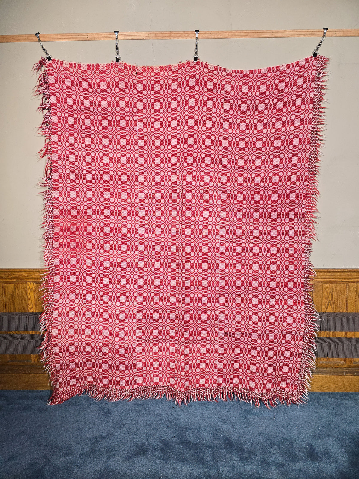 Vintage Red and White Woven Wool Coverlet with Fringe
