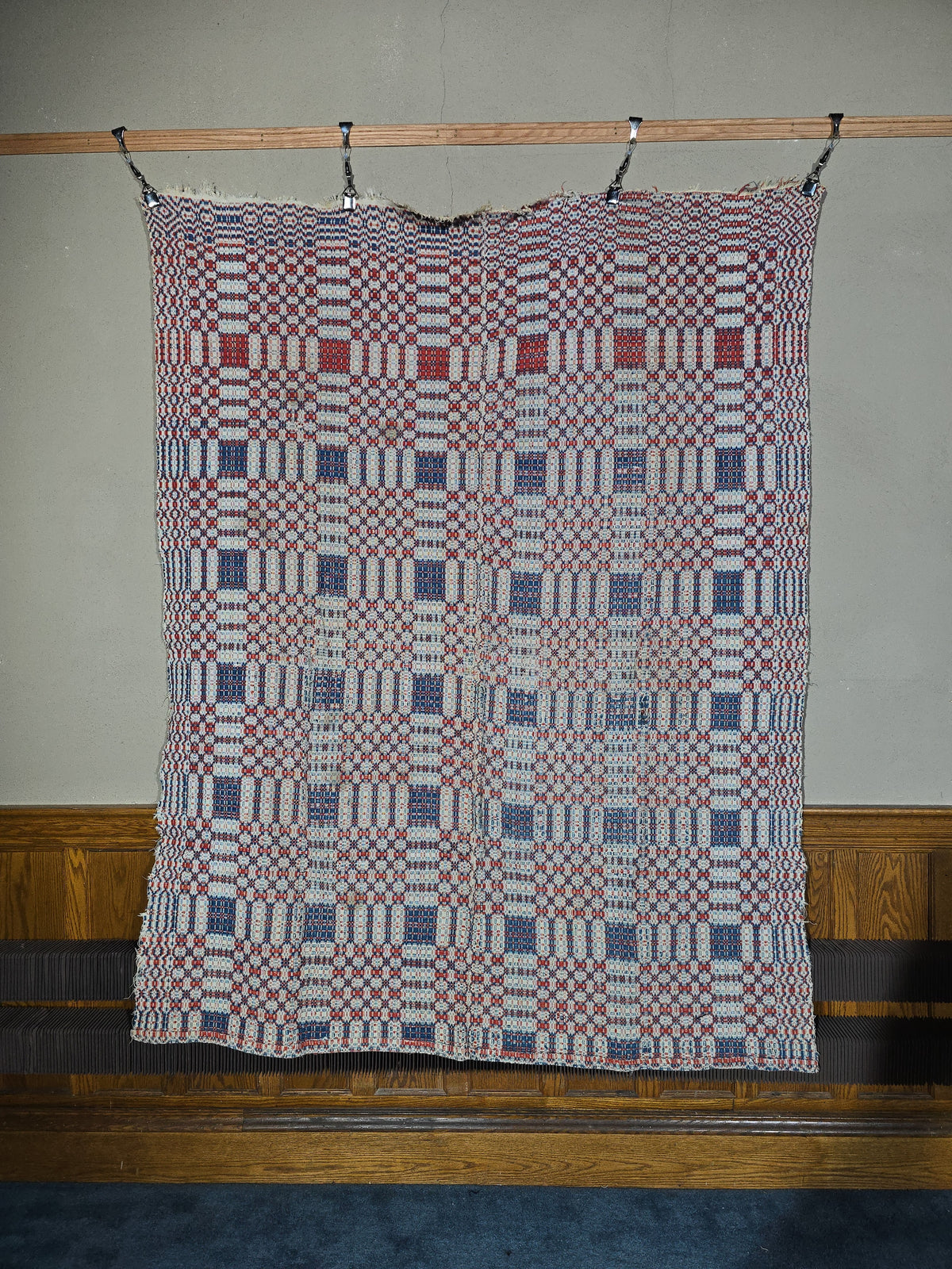 Vintage Red, White, and Blue Woven Wool Coverlet