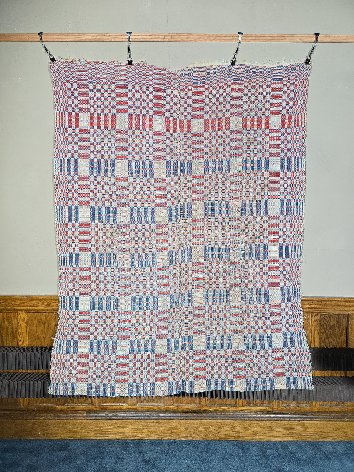 Vintage Red, White, and Blue Woven Wool Coverlet