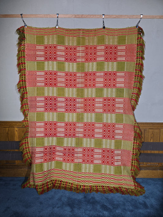 Vintage Red, Green, and Cream Woven Wool Coverlet with Knotted Fringe