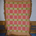 Lot 198 - Vintage Red, Green, and Cream Woven Wool Coverlet with Knotted Fringe, 65" W x 90" H