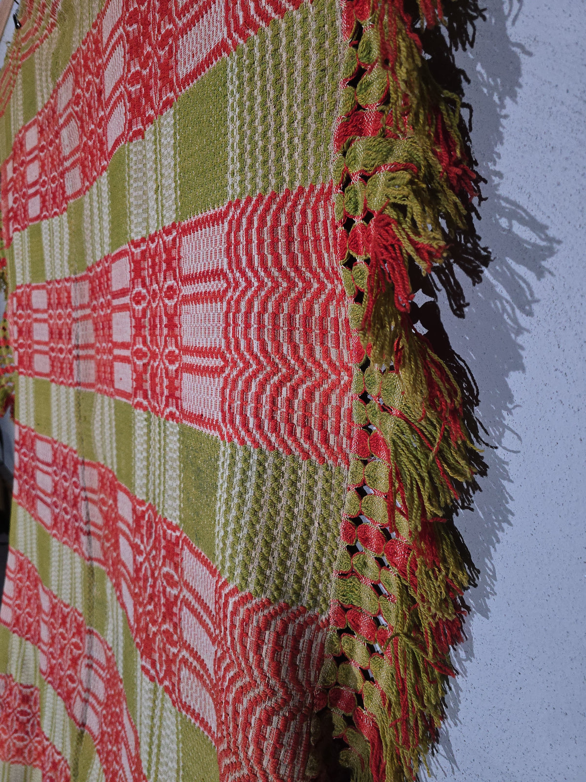 Vintage Red, Green, and Cream Woven Wool Coverlet with Knotted Fringe