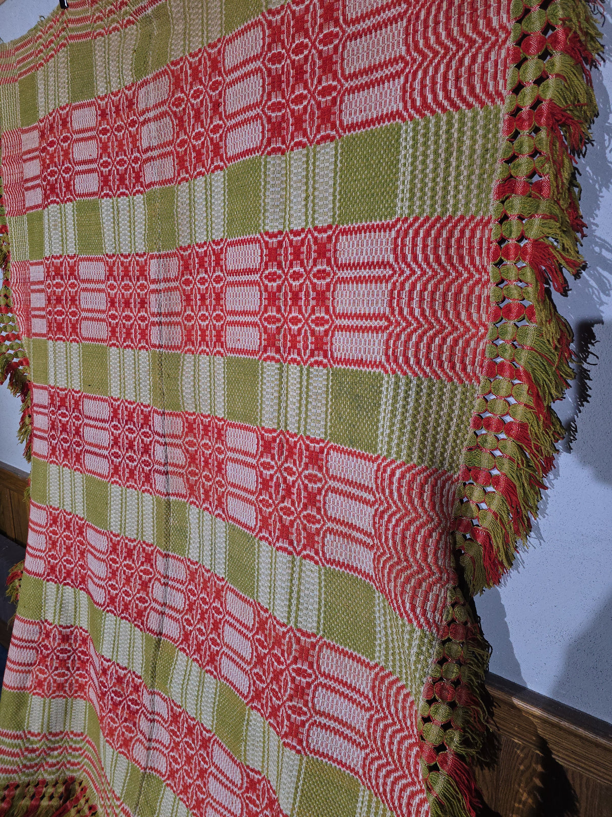 Vintage Red, Green, and Cream Woven Wool Coverlet with Knotted Fringe