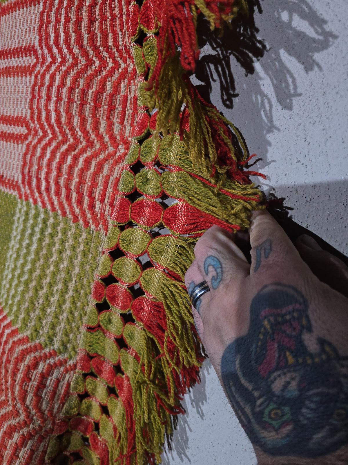 Vintage Red, Green, and Cream Woven Wool Coverlet with Knotted Fringe