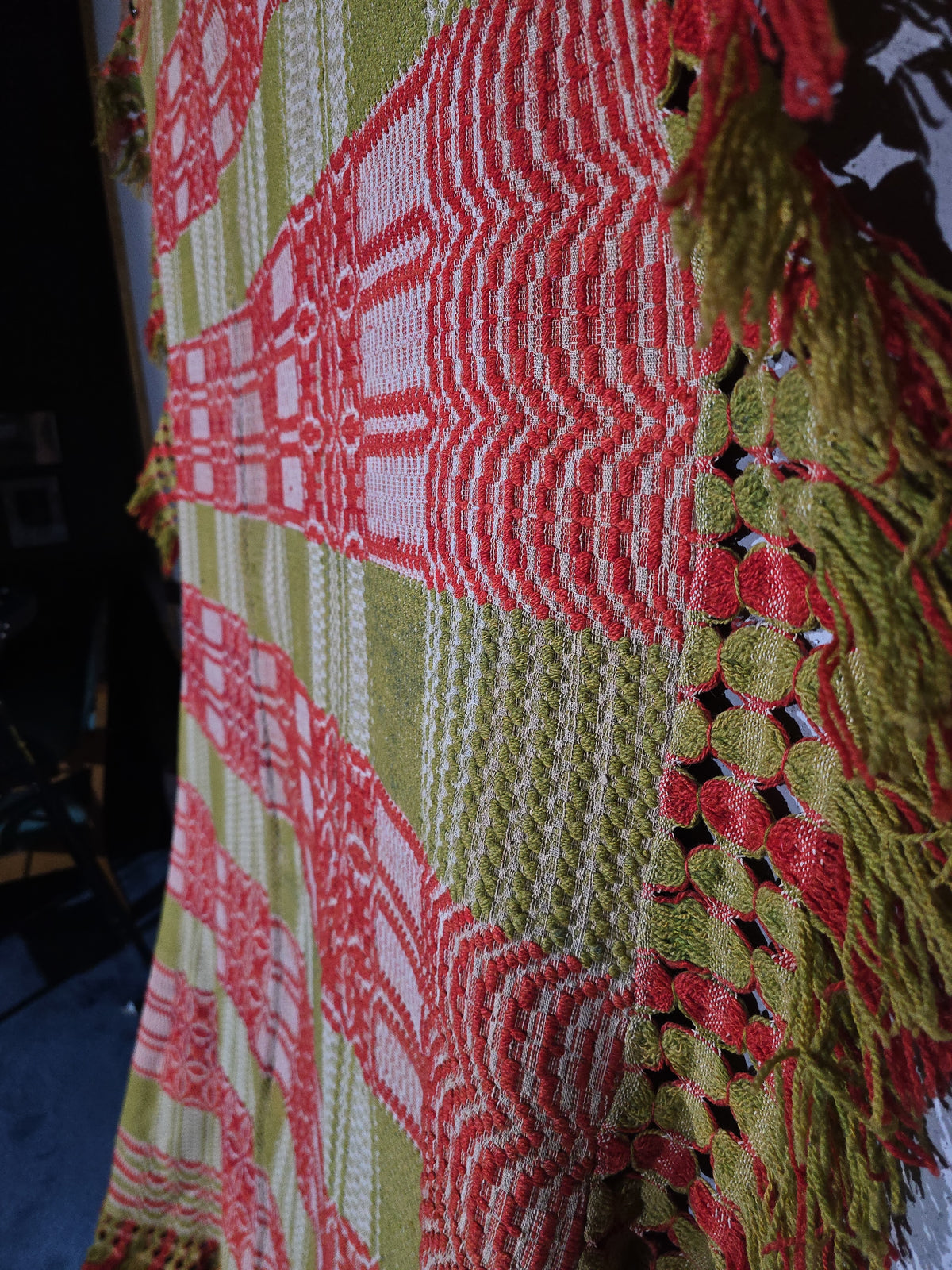 Vintage Red, Green, and Cream Woven Wool Coverlet with Knotted Fringe