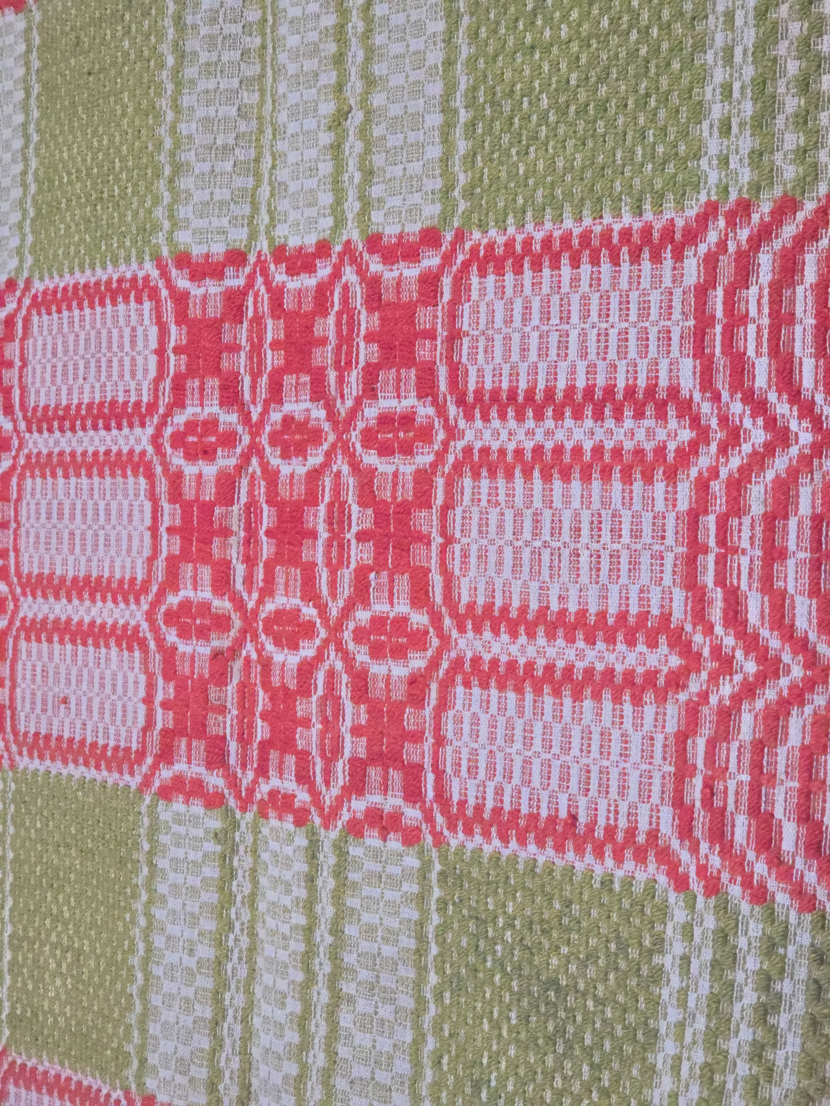 Vintage Red, Green, and Cream Woven Wool Coverlet with Knotted Fringe