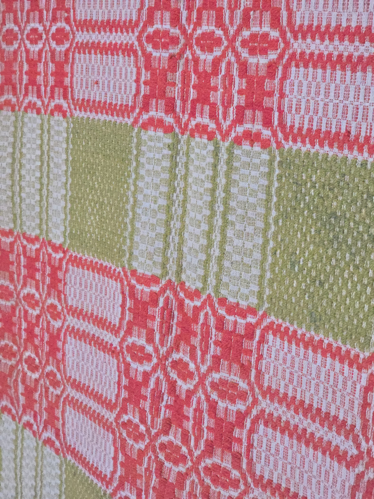 Vintage Red, Green, and Cream Woven Wool Coverlet with Knotted Fringe