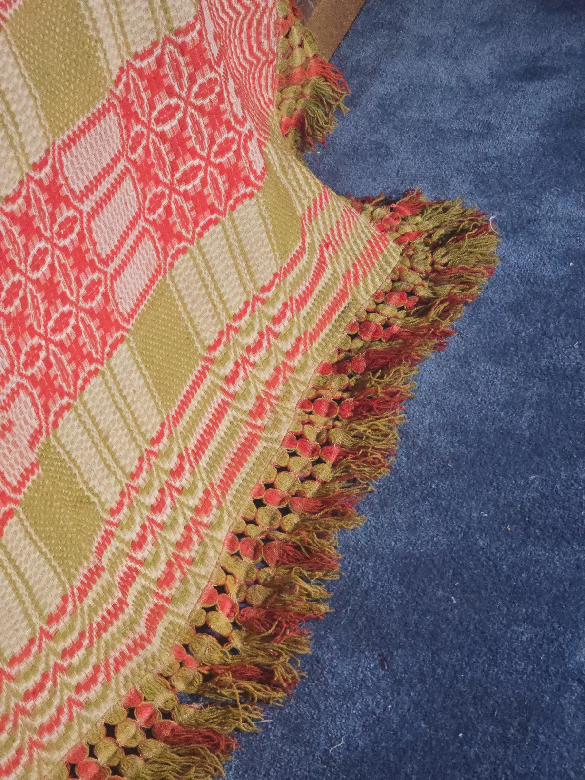 Vintage Red, Green, and Cream Woven Wool Coverlet with Knotted Fringe