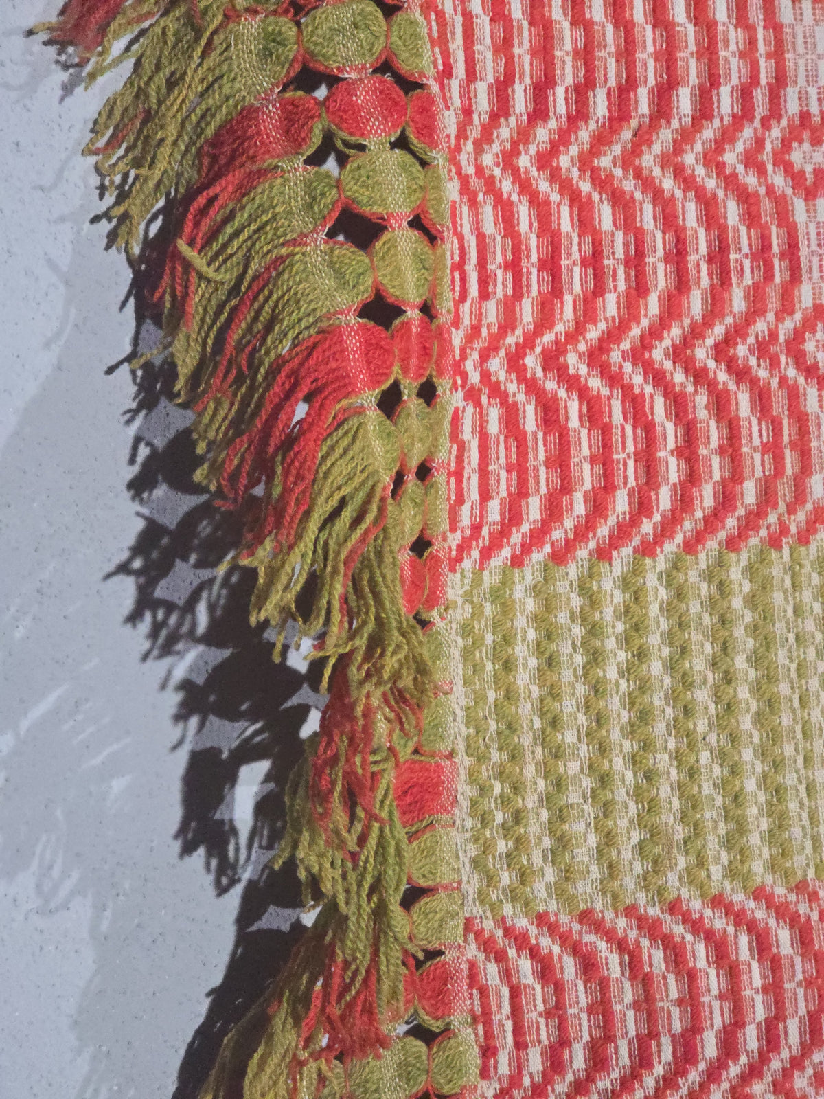 Vintage Red, Green, and Cream Woven Wool Coverlet with Knotted Fringe