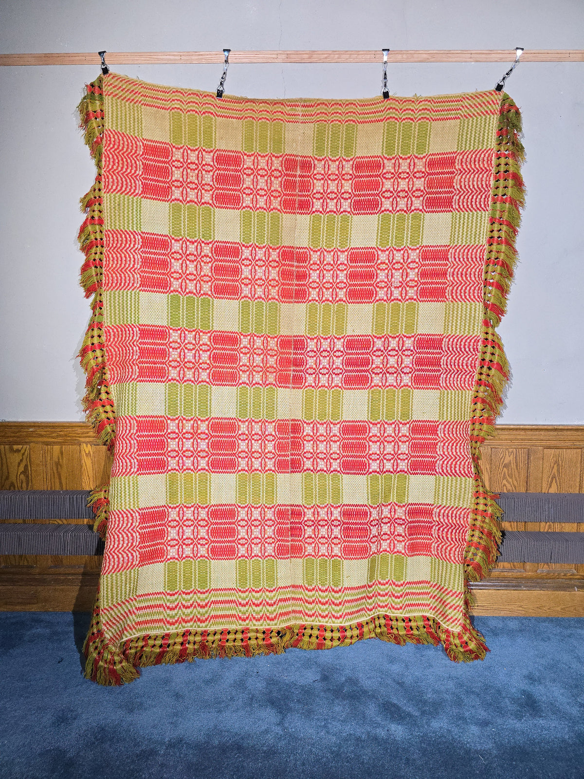 Vintage Red, Green, and Cream Woven Wool Coverlet with Knotted Fringe
