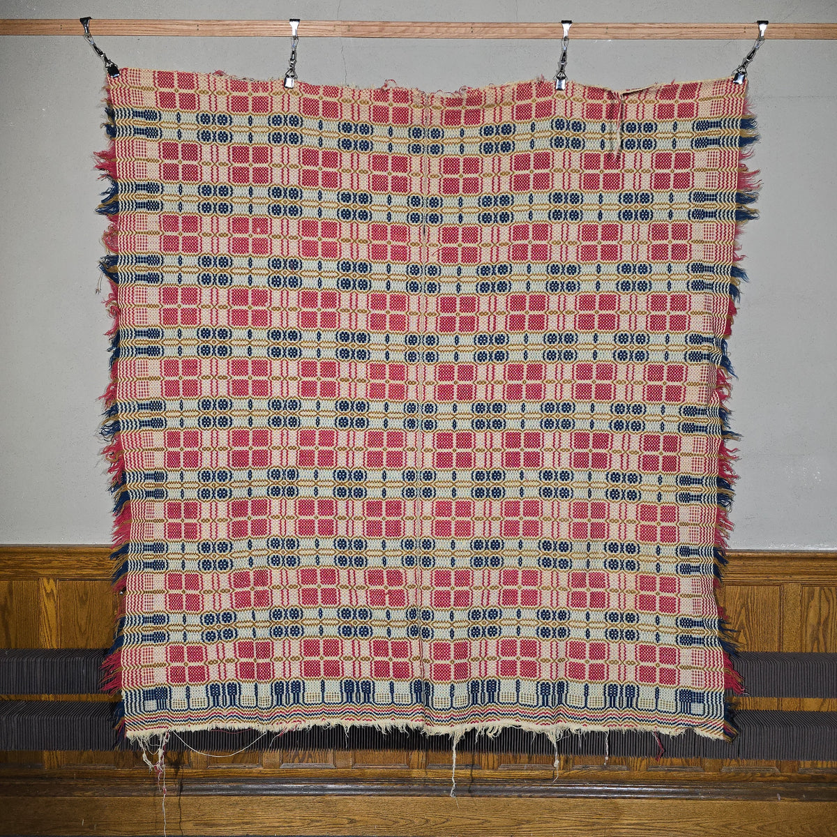 Vintage Red, Blue, and Gold Woven Wool Coverlet with Fringe