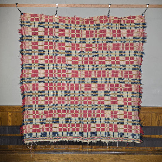 Vintage Red, Blue, and Gold Woven Wool Coverlet with Fringe