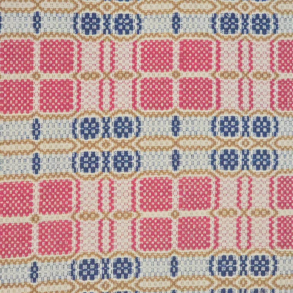Vintage Red, Blue, and Gold Woven Wool Coverlet with Fringe