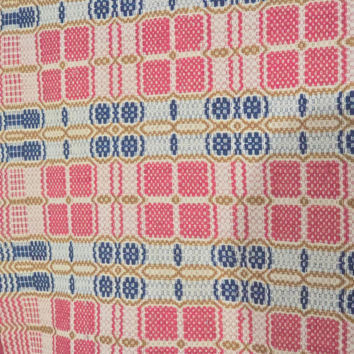 Vintage Red, Blue, and Gold Woven Wool Coverlet with Fringe