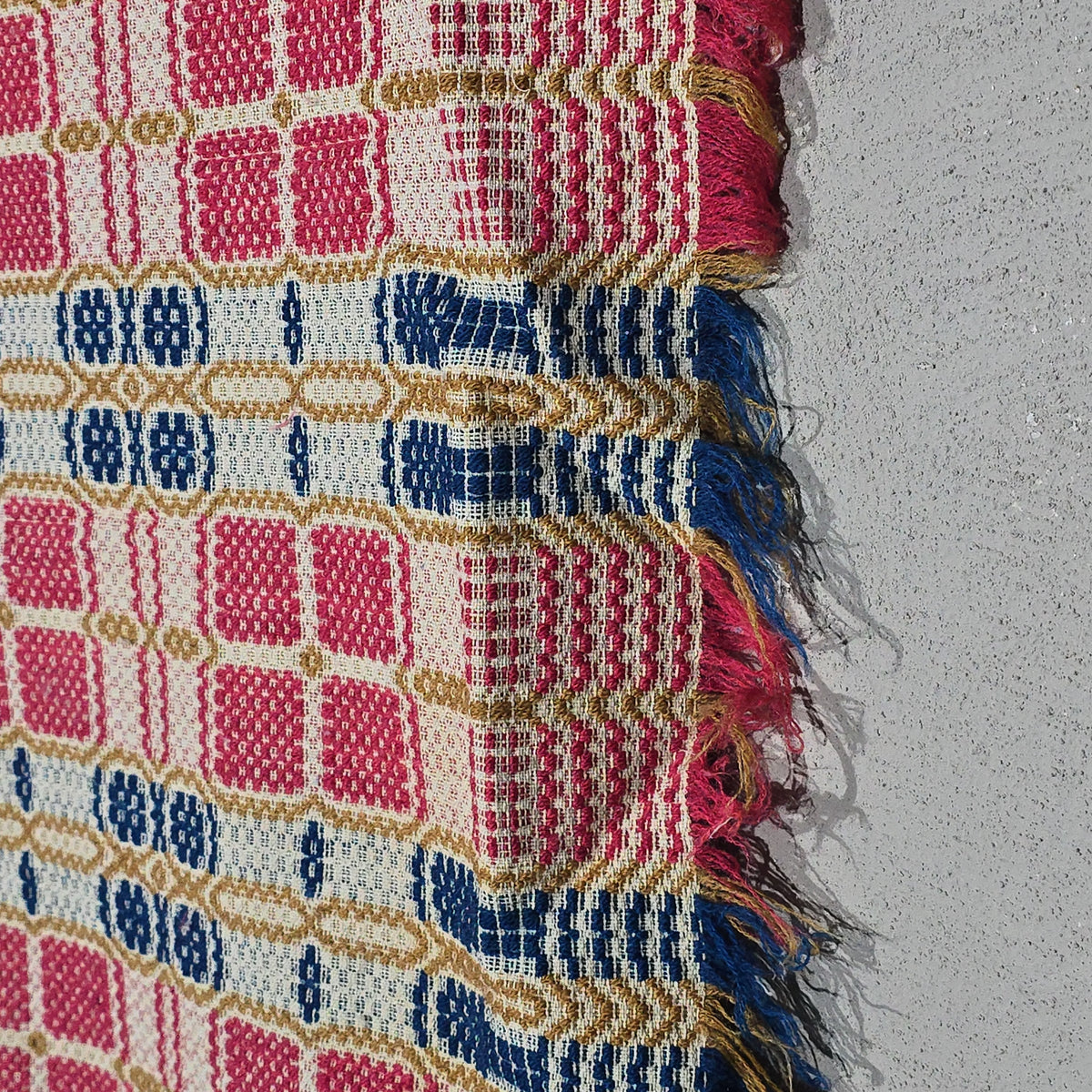 Vintage Red, Blue, and Gold Woven Wool Coverlet with Fringe