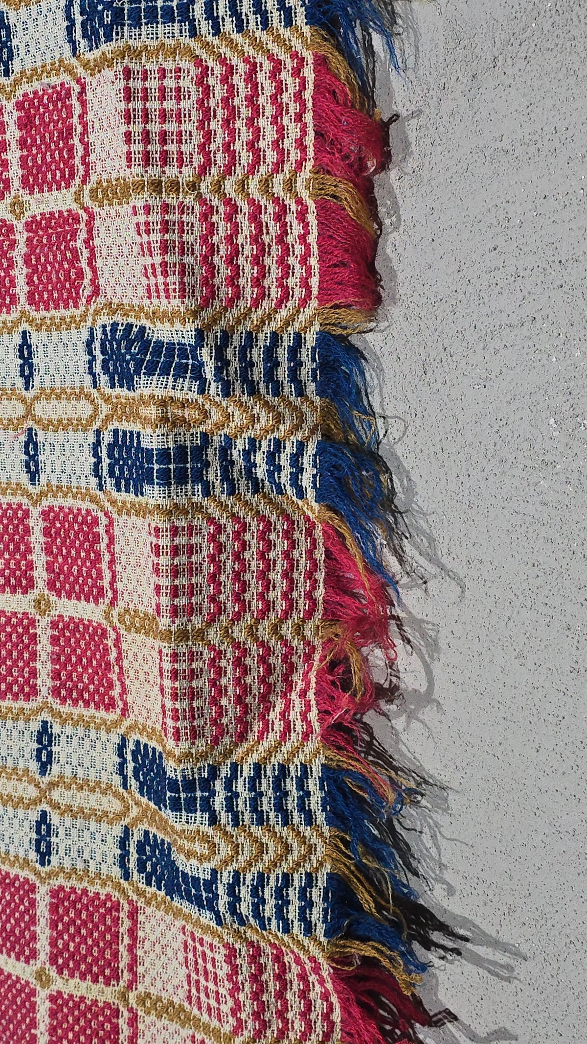 Vintage Red, Blue, and Gold Woven Wool Coverlet with Fringe