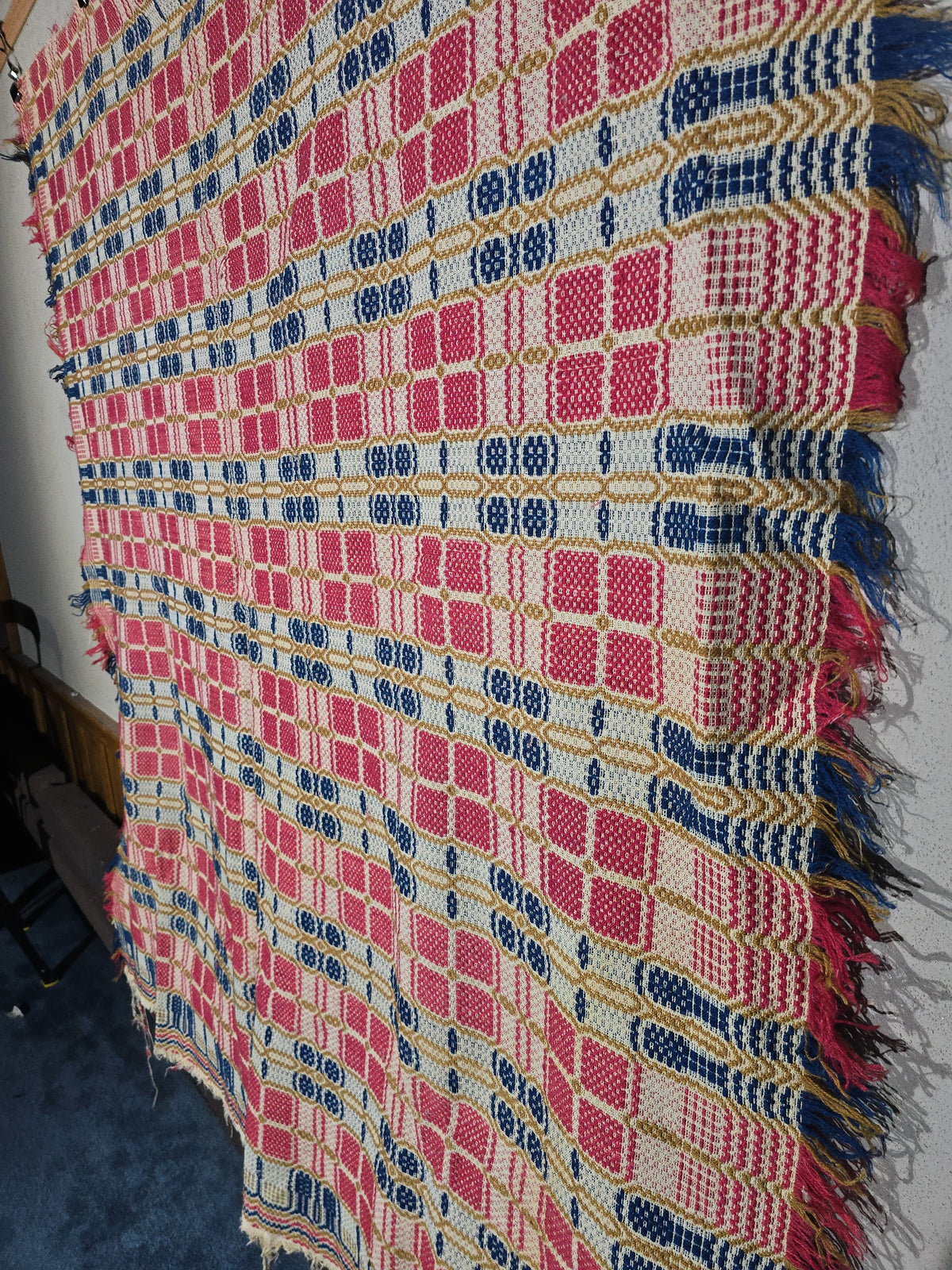 Vintage Red, Blue, and Gold Woven Wool Coverlet with Fringe