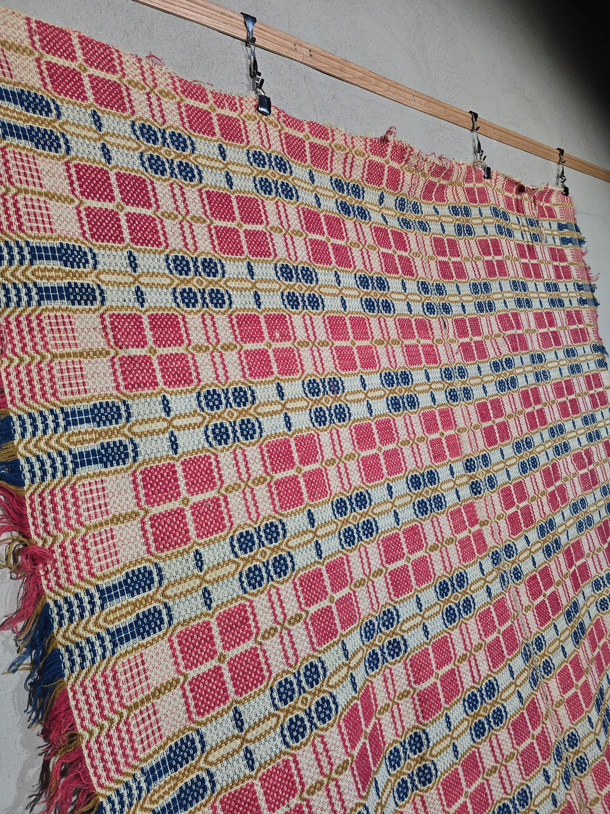 Vintage Red, Blue, and Gold Woven Wool Coverlet with Fringe