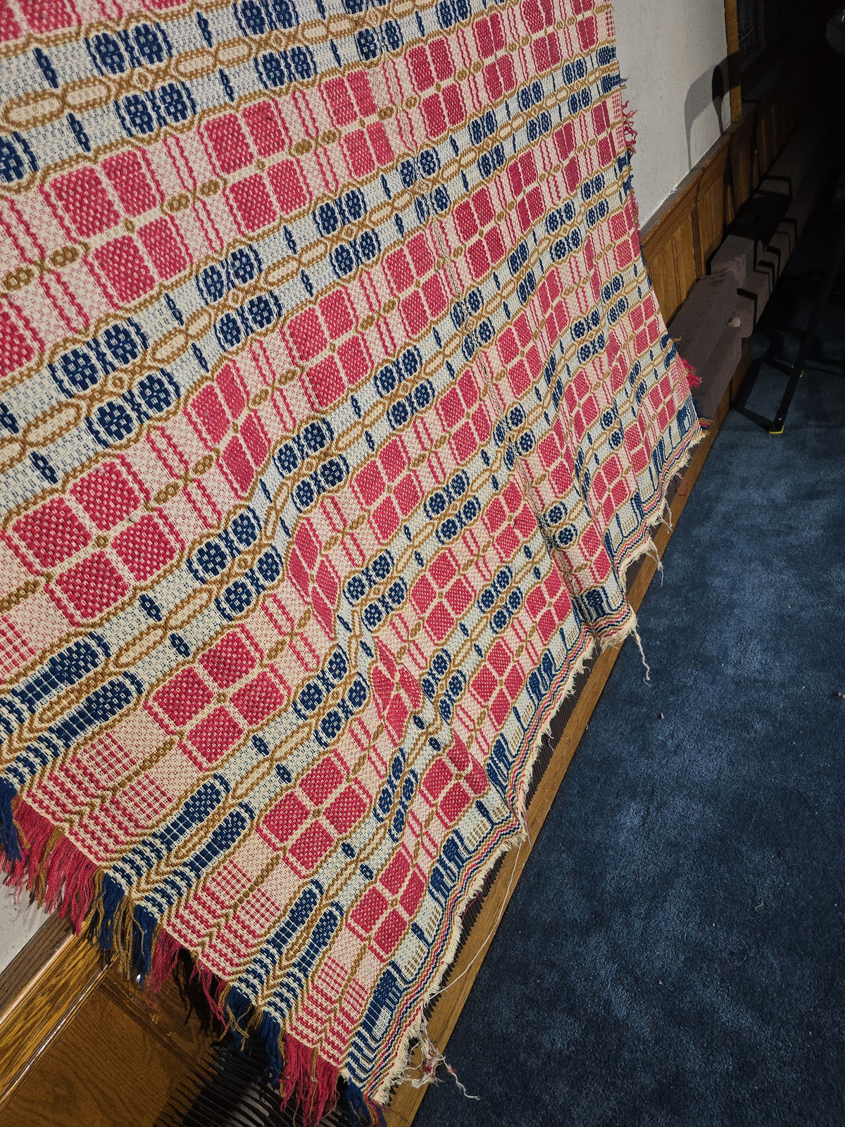 Vintage Red, Blue, and Gold Woven Wool Coverlet with Fringe