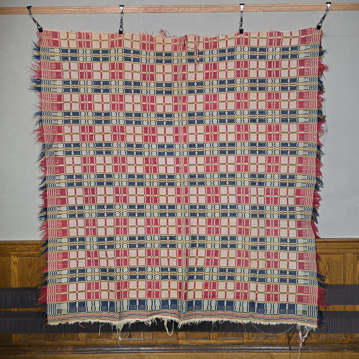 Vintage Red, Blue, and Gold Woven Wool Coverlet with Fringe