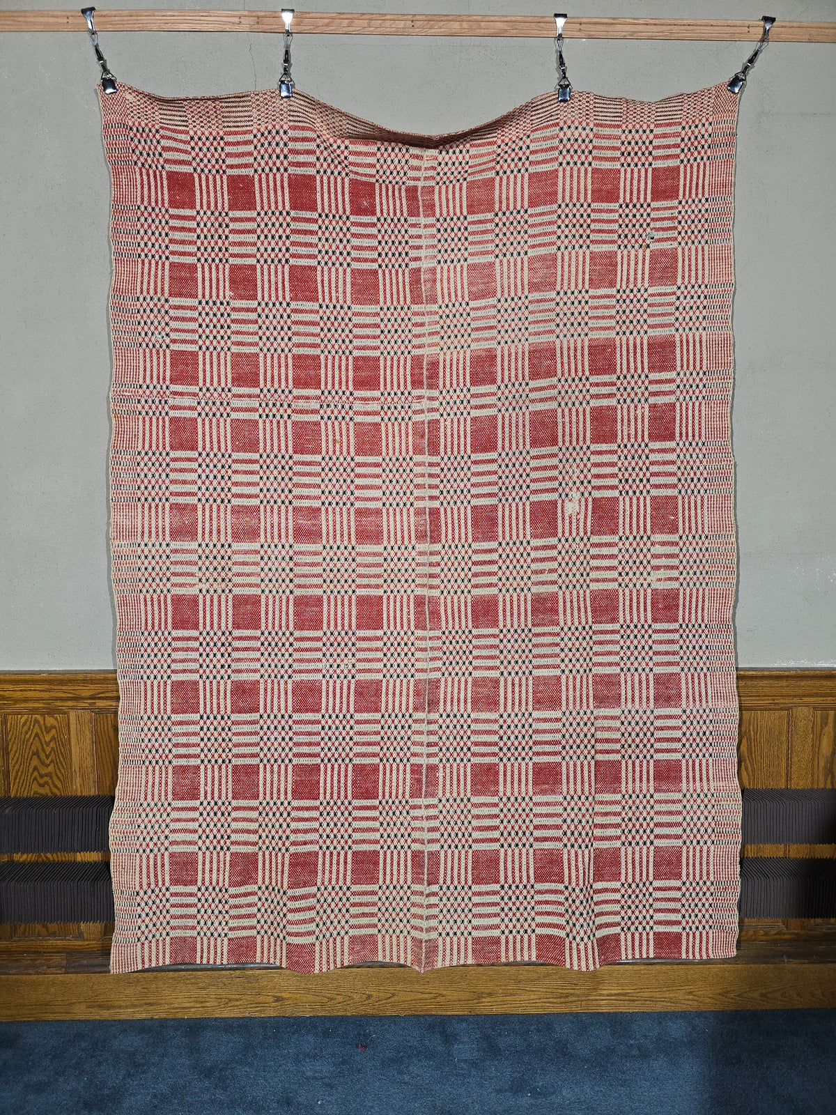Vintage Woven Wool Coverlet in Red, Cream, and Dark Green