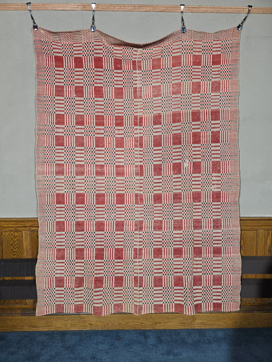 Vintage Woven Wool Coverlet in Red, Cream, and Dark Green