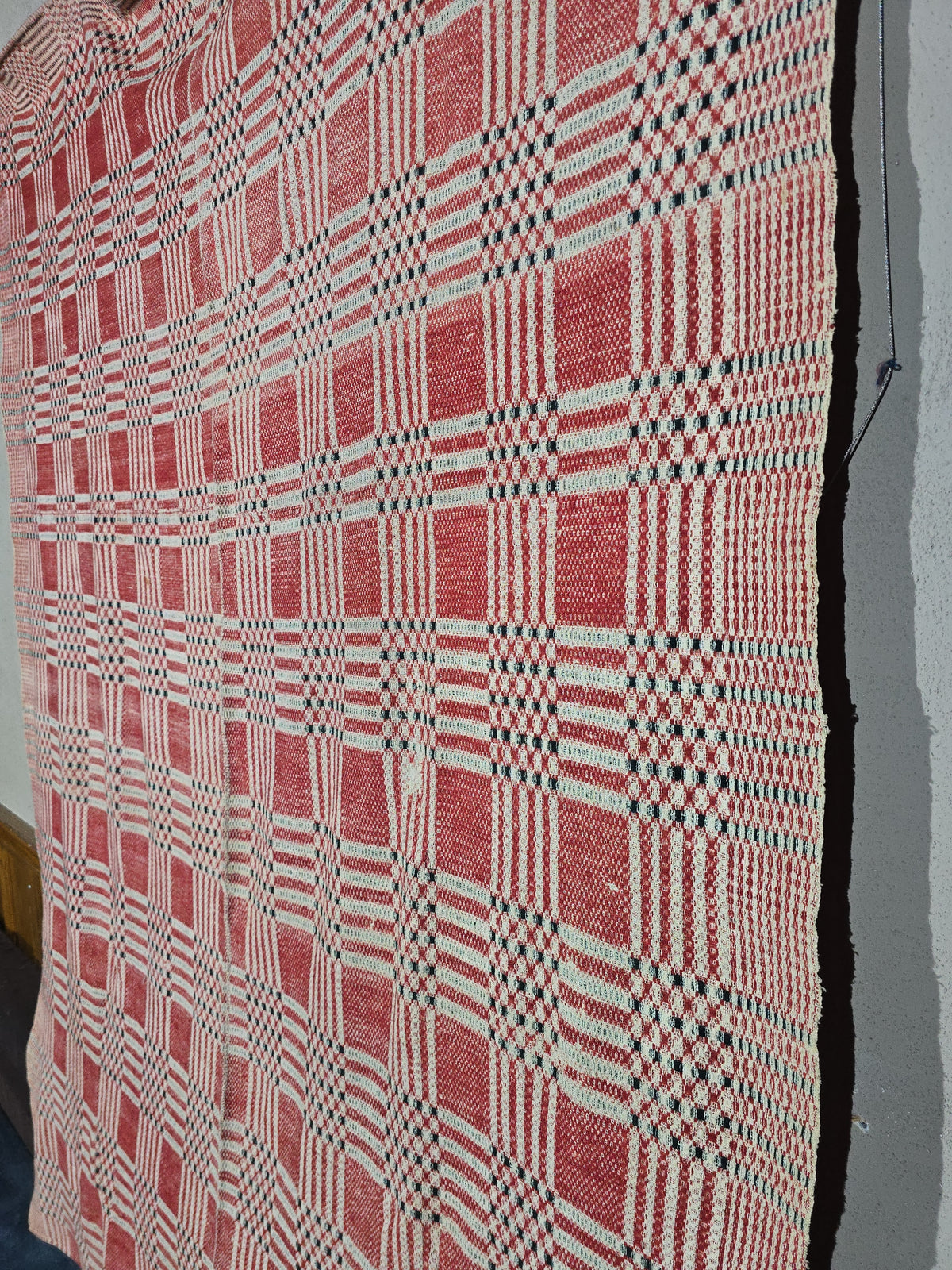 Vintage Woven Wool Coverlet in Red, Cream, and Dark Green