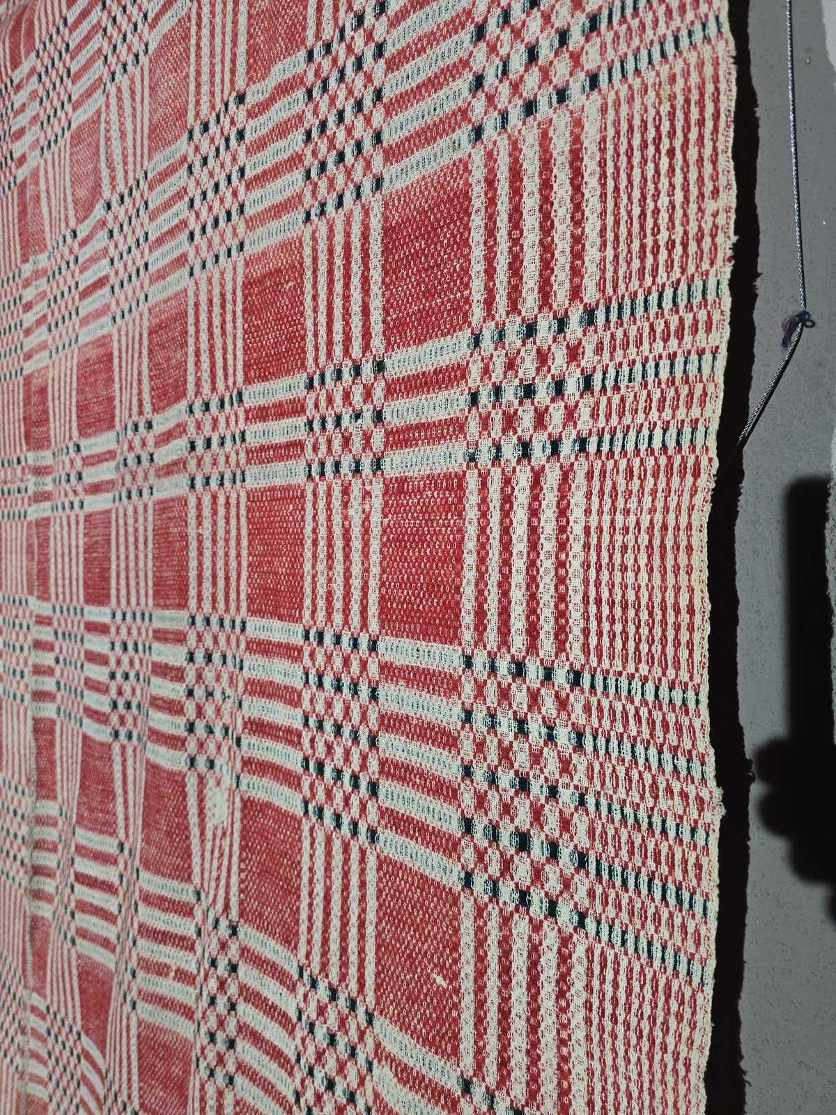 Vintage Woven Wool Coverlet in Red, Cream, and Dark Green