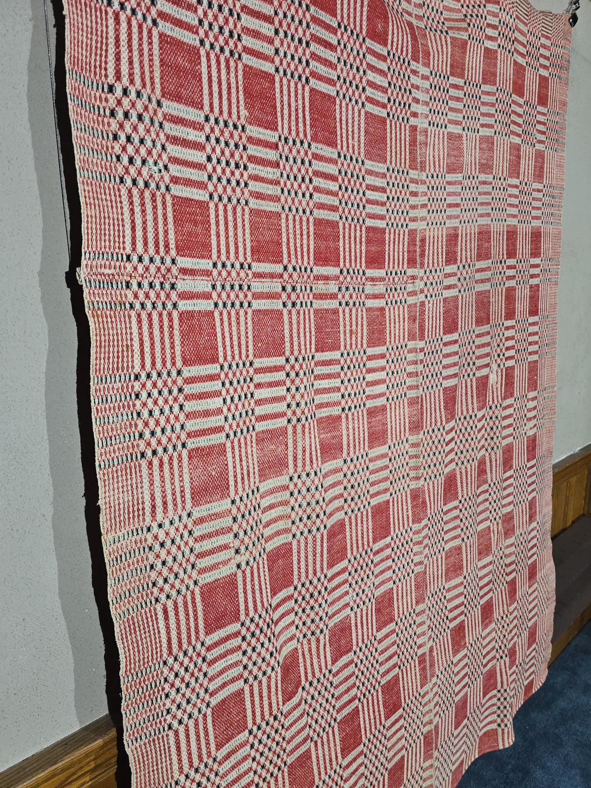 Vintage Woven Wool Coverlet in Red, Cream, and Dark Green