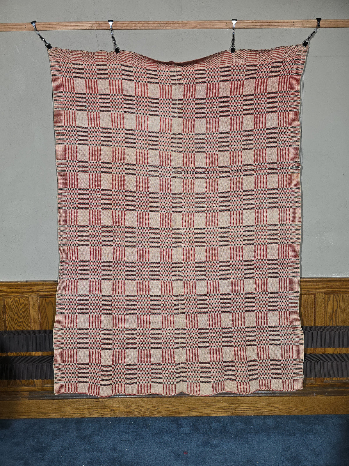Vintage Woven Wool Coverlet in Red, Cream, and Dark Green