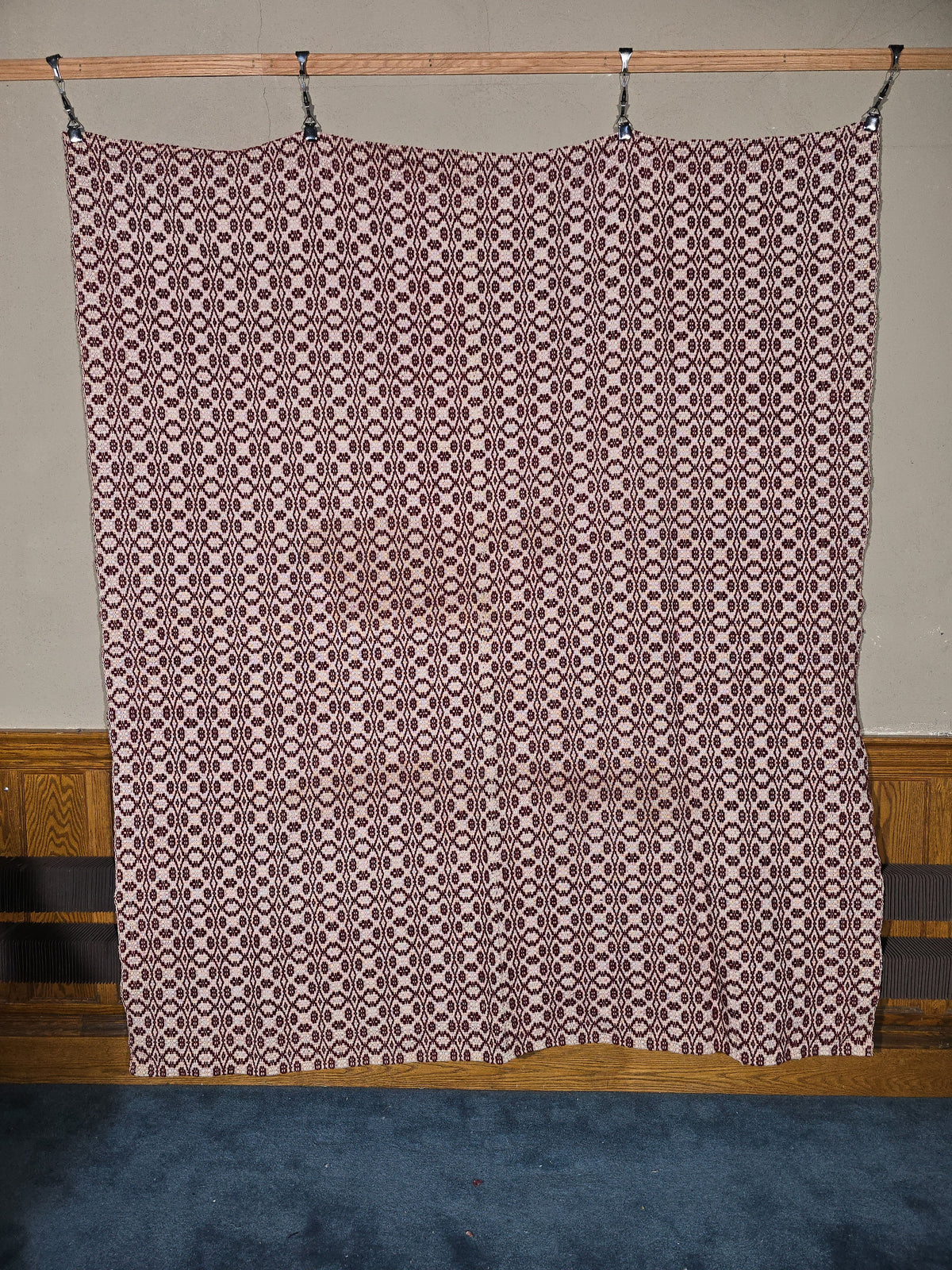 Vintage Maroon and White Woven Wool Coverlet