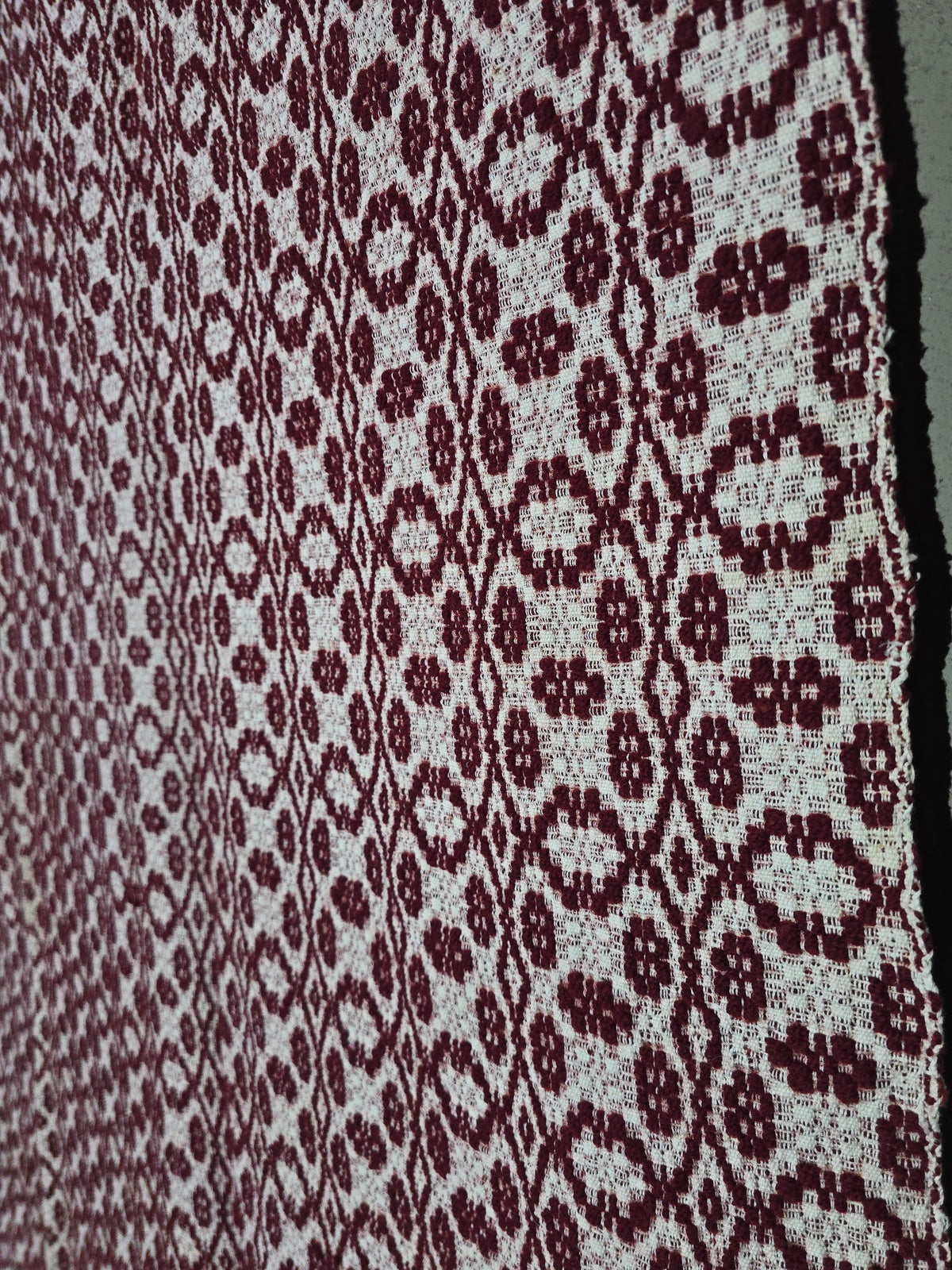 Vintage Maroon and White Woven Wool Coverlet