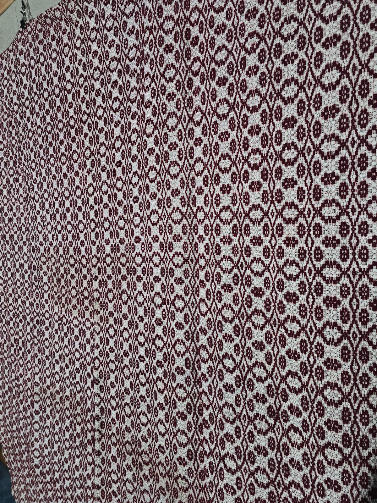 Vintage Maroon and White Woven Wool Coverlet