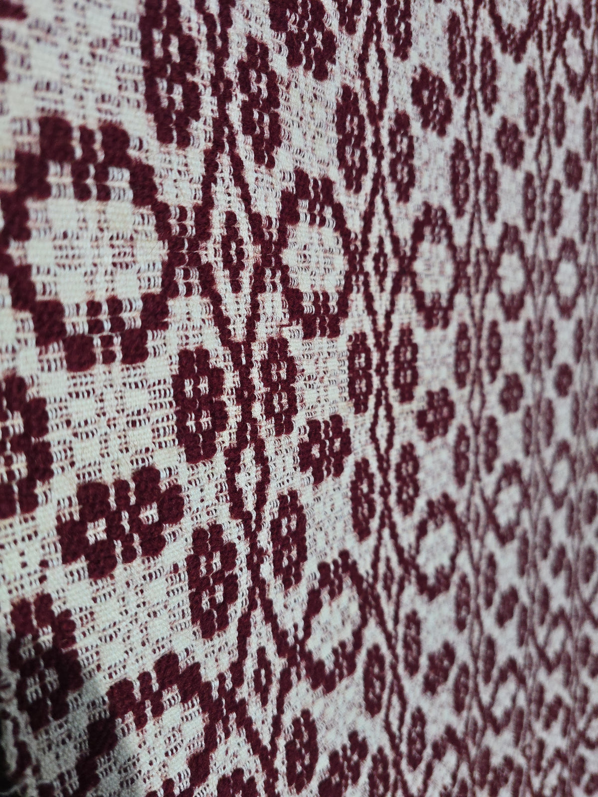Vintage Maroon and White Woven Wool Coverlet