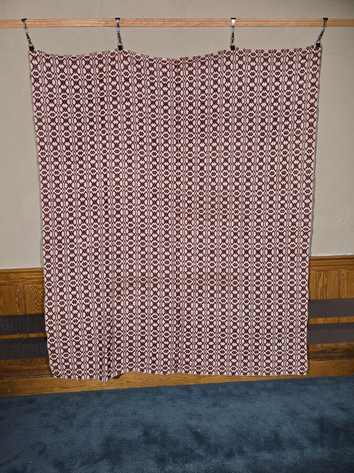 Vintage Maroon and White Woven Wool Coverlet