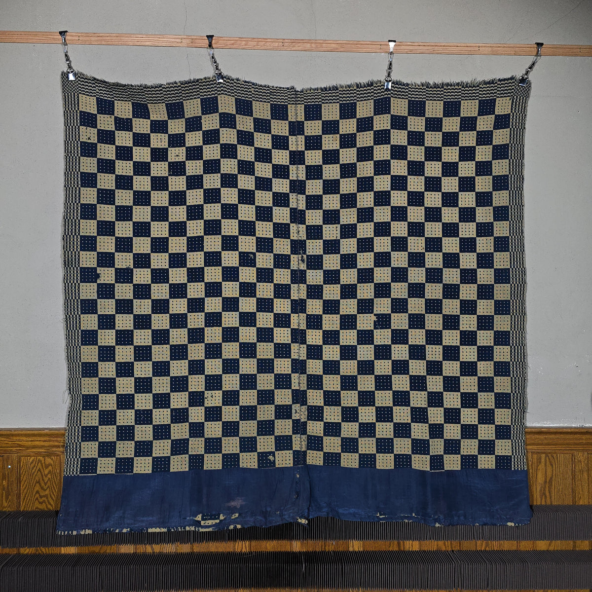 Vintage Navy and Cream Woven Wool Coverlet with Blue Fabric Hem
