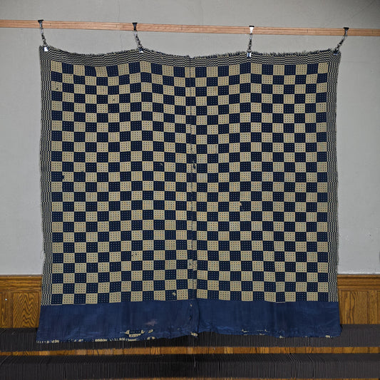 Vintage Navy and Cream Woven Wool Coverlet with Blue Fabric Hem