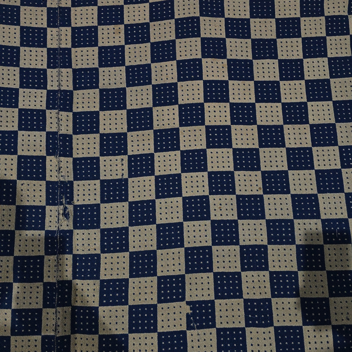 Vintage Navy and Cream Woven Wool Coverlet with Blue Fabric Hem