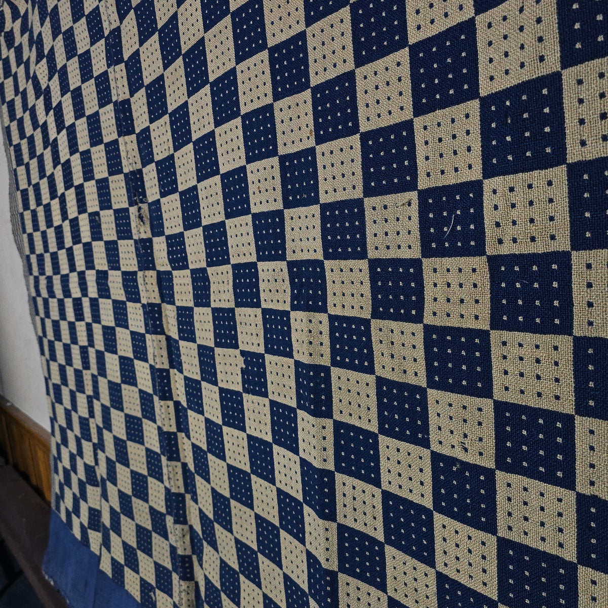 Vintage Navy and Cream Woven Wool Coverlet with Blue Fabric Hem