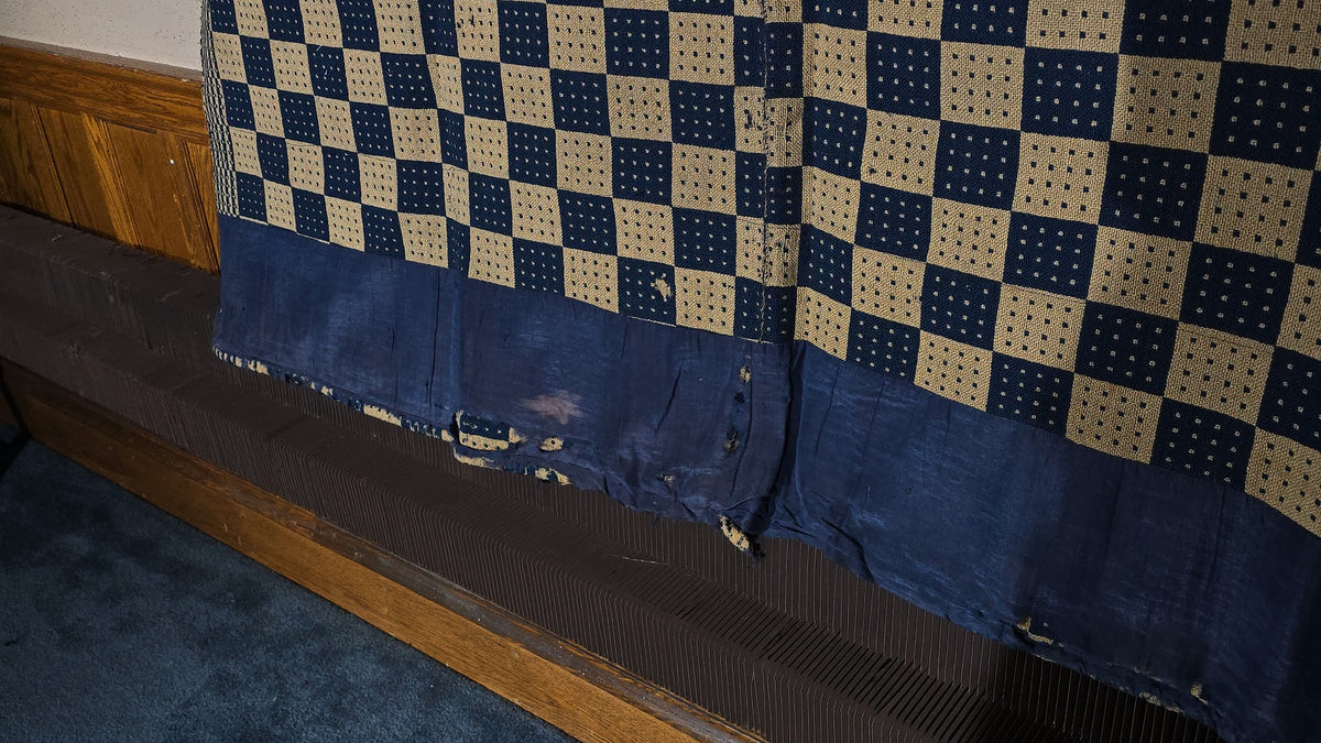 Vintage Navy and Cream Woven Wool Coverlet with Blue Fabric Hem