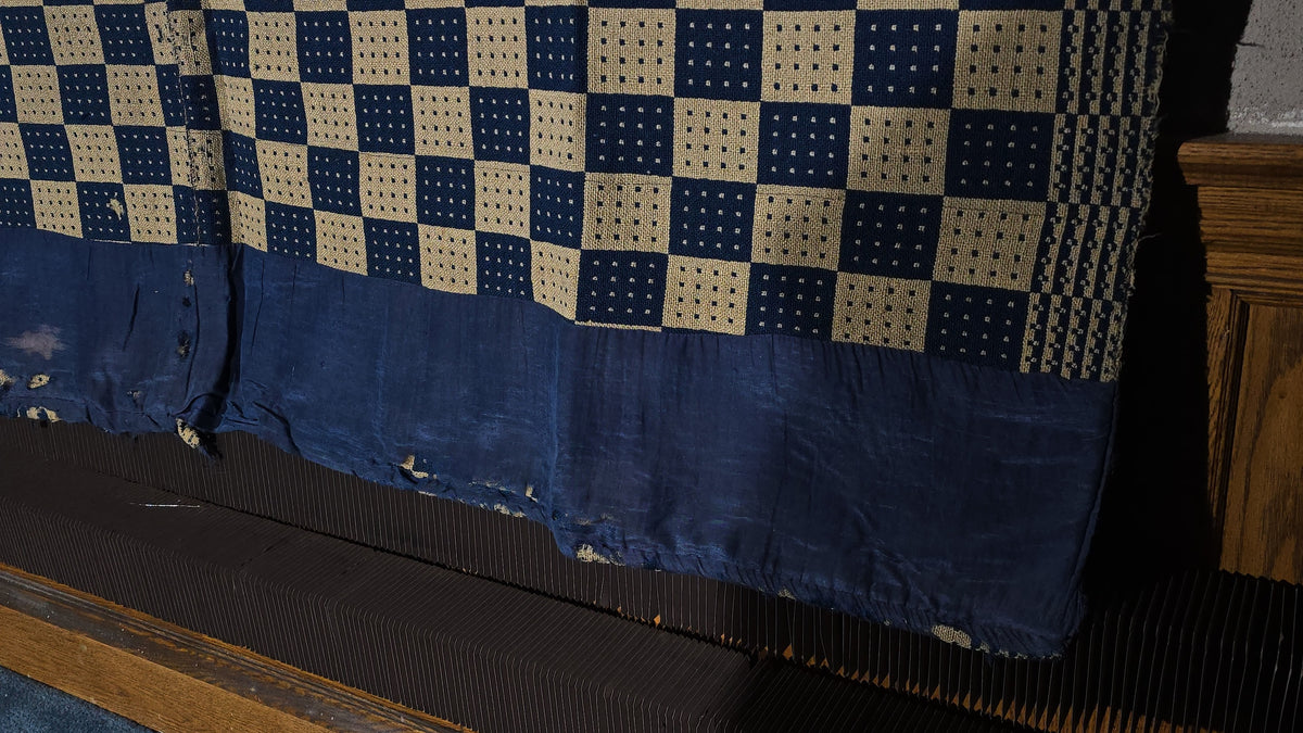 Vintage Navy and Cream Woven Wool Coverlet with Blue Fabric Hem