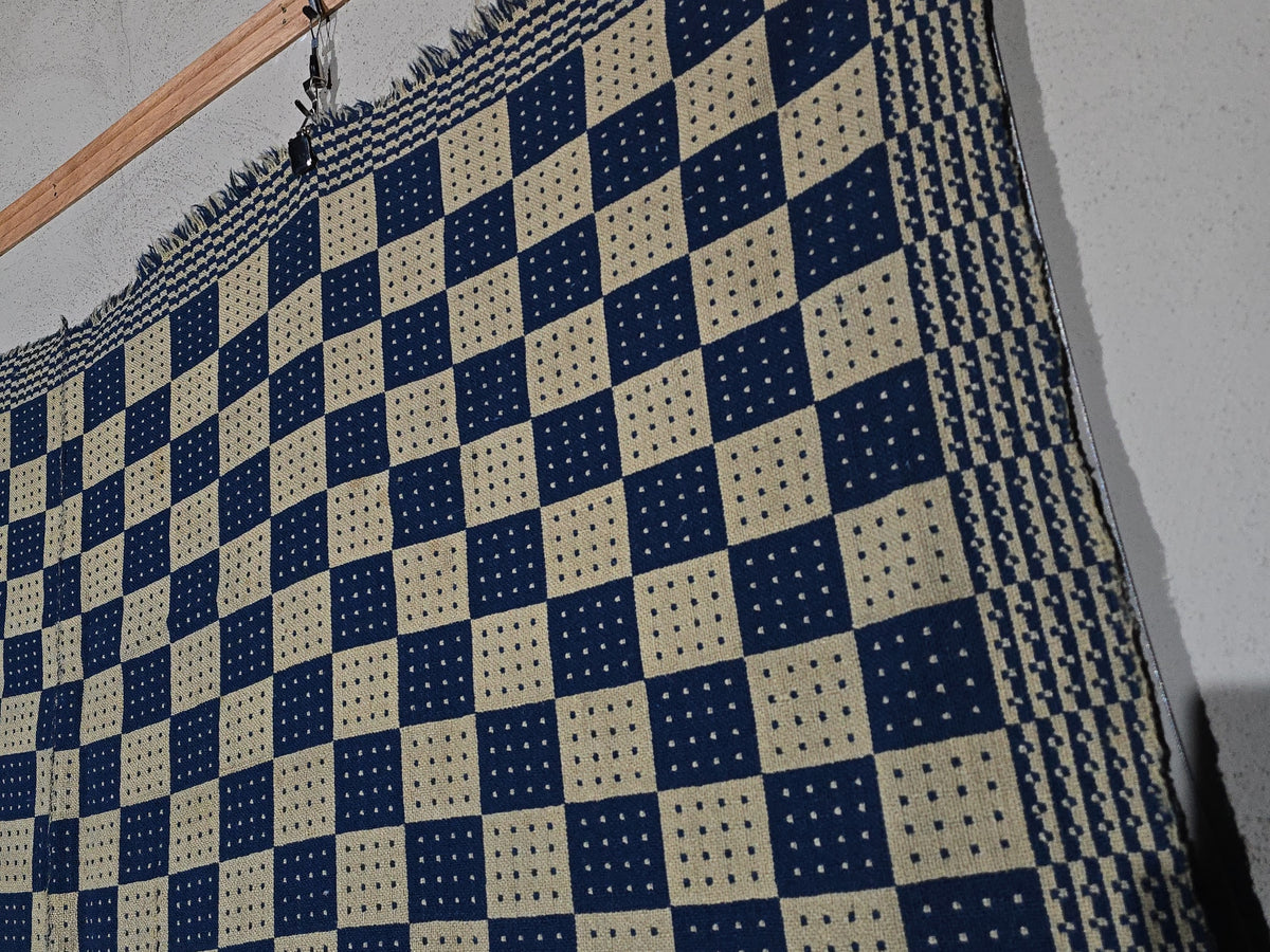 Vintage Navy and Cream Woven Wool Coverlet with Blue Fabric Hem