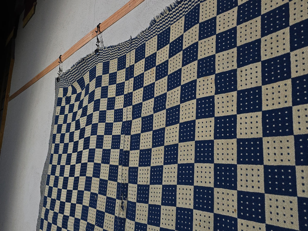 Vintage Navy and Cream Woven Wool Coverlet with Blue Fabric Hem