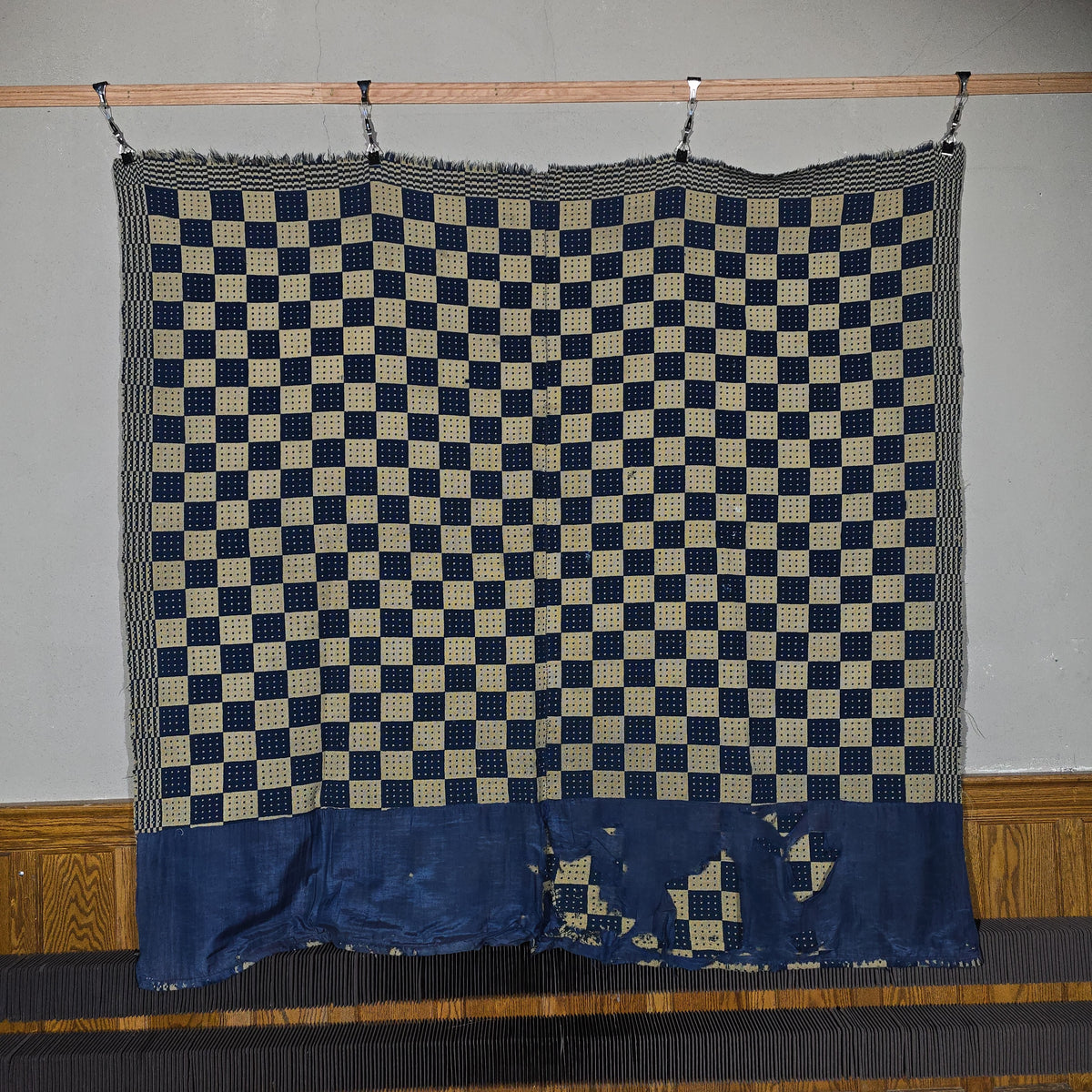 Vintage Navy and Cream Woven Wool Coverlet with Blue Fabric Hem