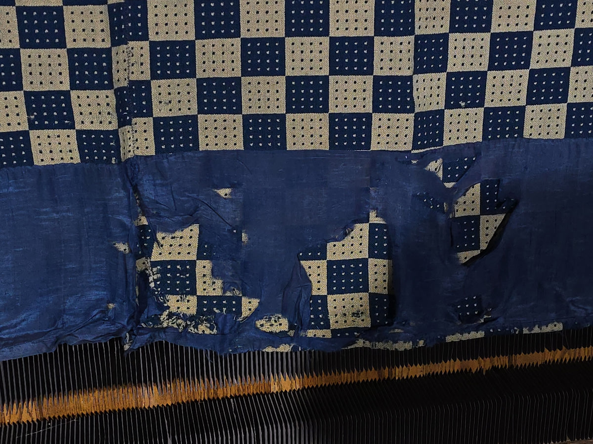 Vintage Navy and Cream Woven Wool Coverlet with Blue Fabric Hem