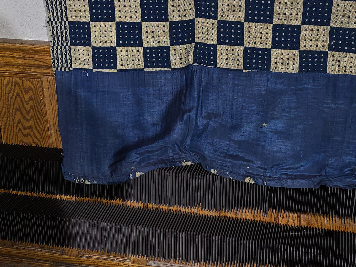 Vintage Navy and Cream Woven Wool Coverlet with Blue Fabric Hem
